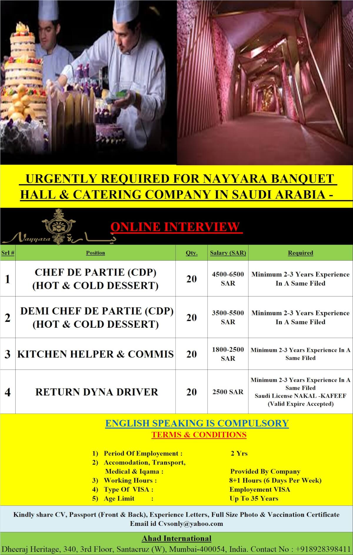 URGENTLY REQUIRED FOR NAYYARA CATERING COMPANY IN SAUDI ARABIA