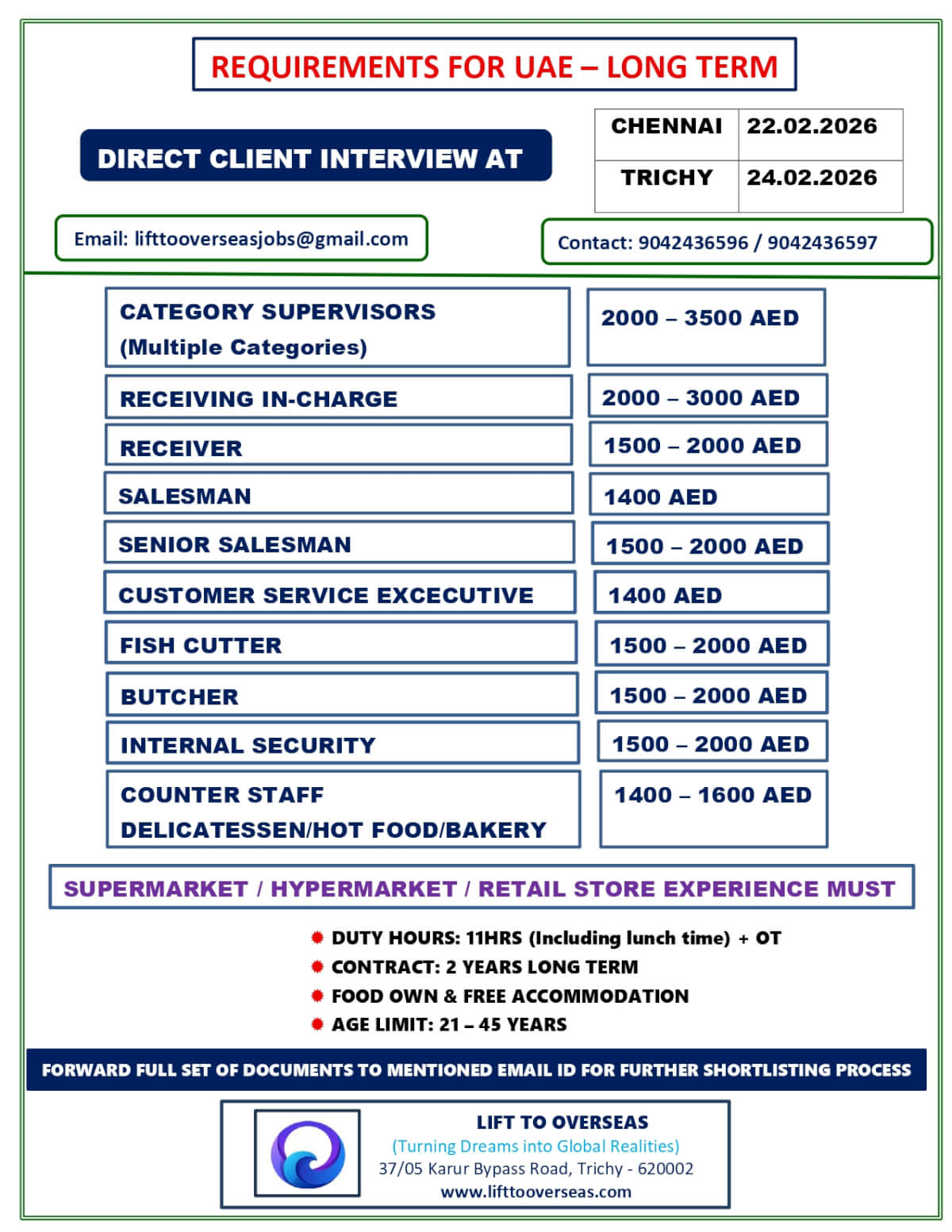 SALES MAN, SENIOR SALES MAN, FISH CUTTER, BUTCHER, CATEGORY SUPERVISORS, COUNTER STAFF DELICATESSEN / HOT FOOD/ BAKERY. SALES MAN, SENIOR SALES MAN, FISH CUTTER, BUTCHER, CATEGORY SUPERVISORS, COUNTER STAFF DELICATESSEN / HOT FOOD/ BAKERY.