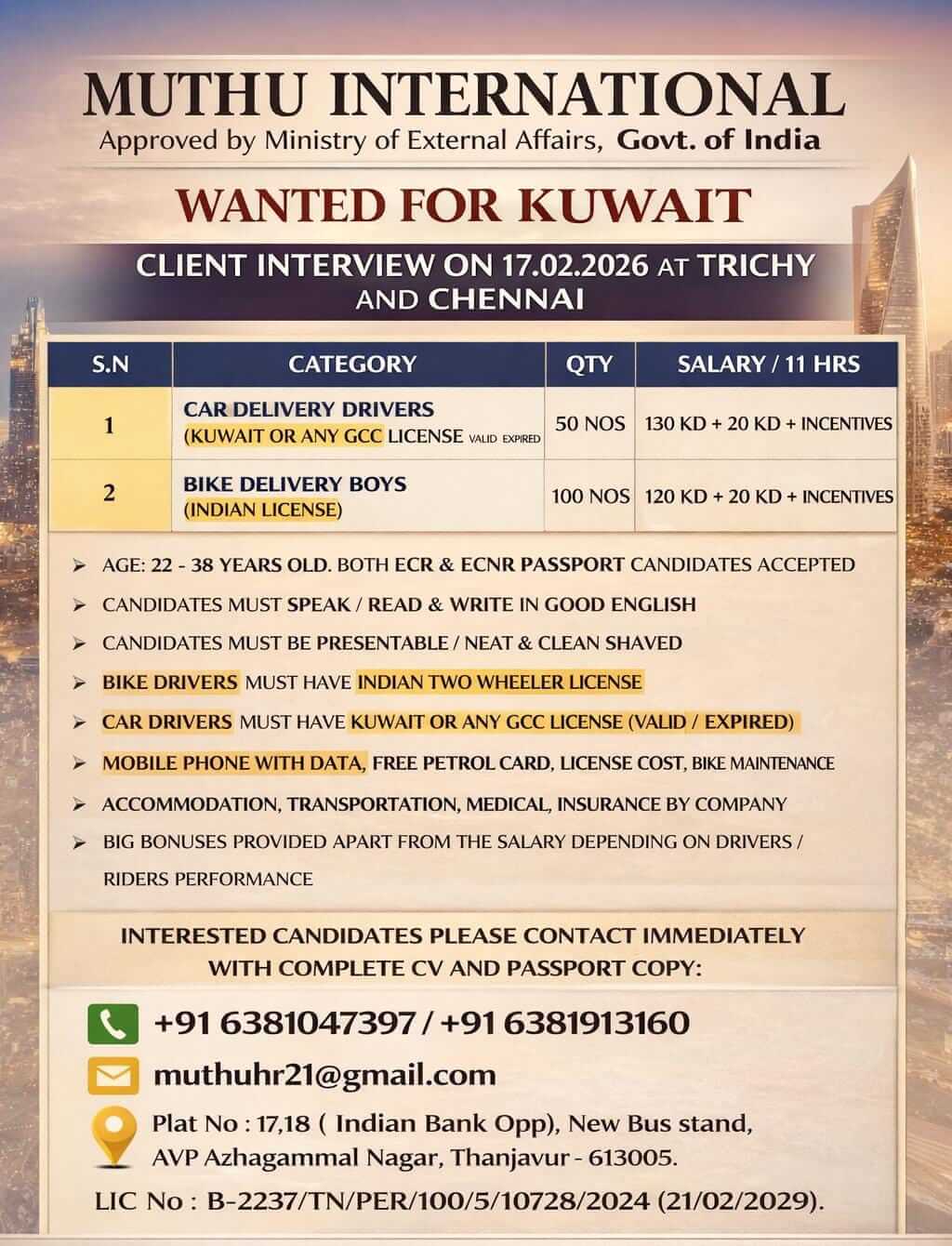WANTED FOR KUWAIT WANTED FOR KUWAIT
