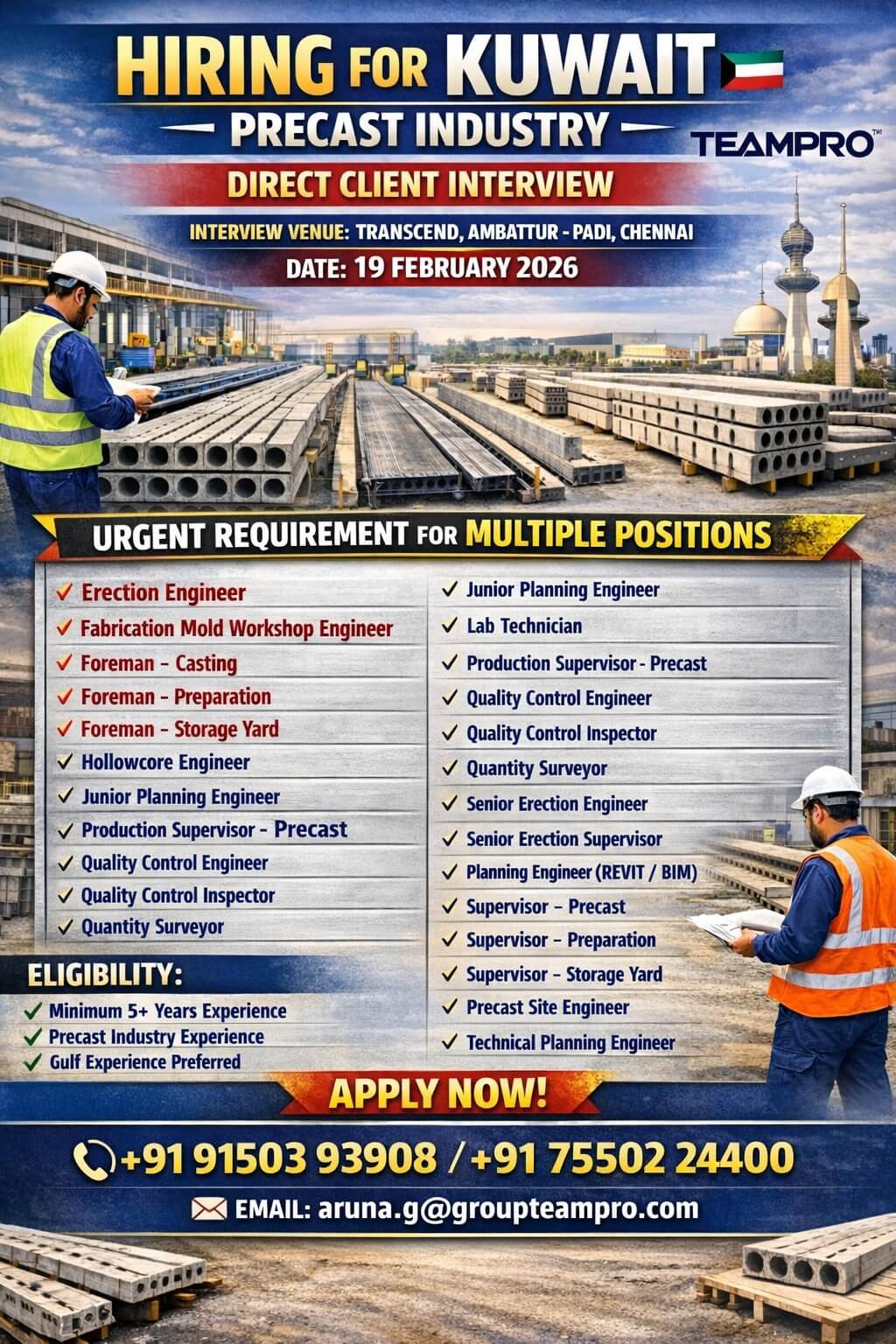 ? Hiring for Kuwait – Precast Industry | Direct Client Interview ??  We are conducting a Direct Client Interview for leading Precast Industry projects in Kuwait.