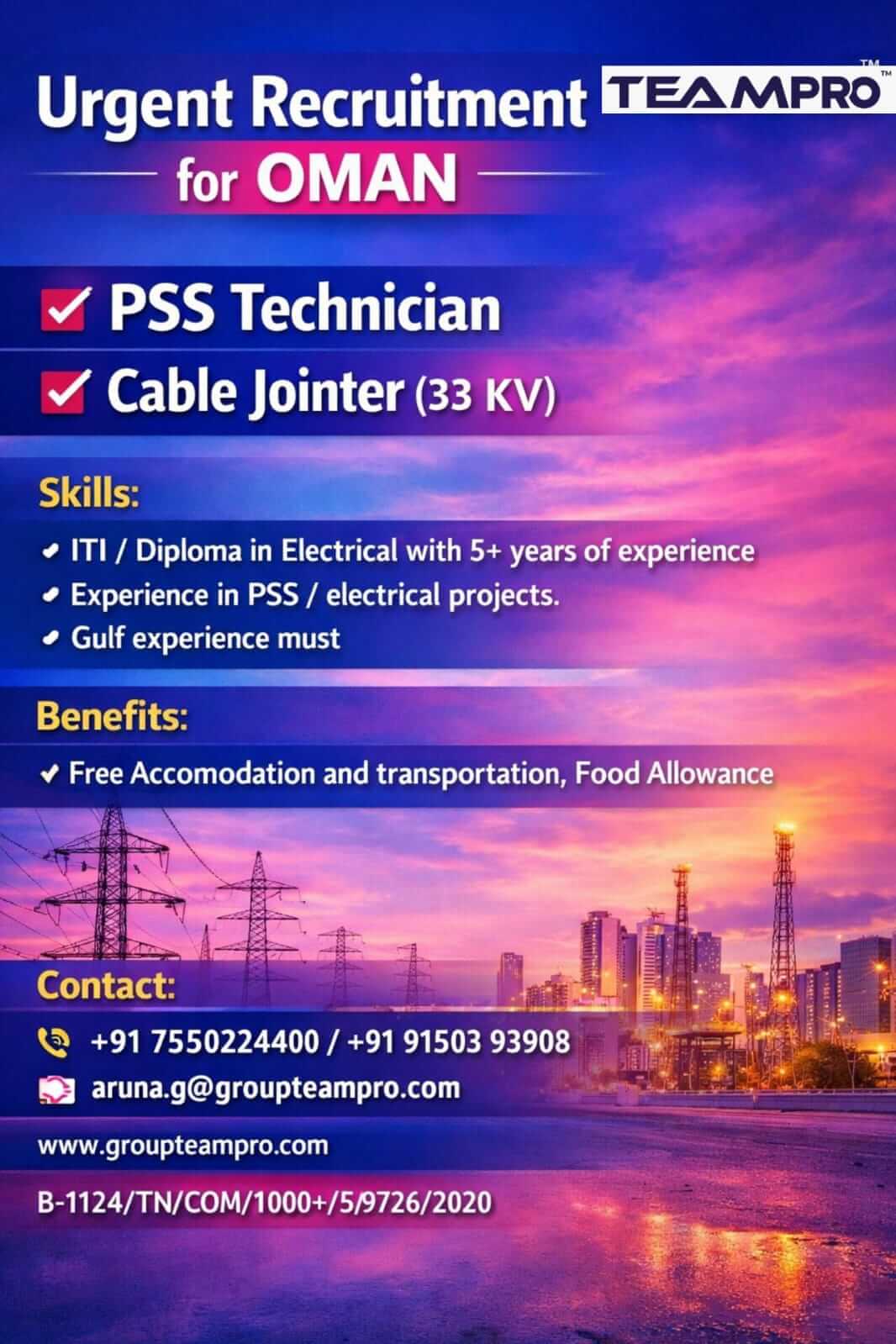 Urgent Hiring – Oman ?? Open Positions: • PSS Technician • Cable Jointer (33 KV) Urgent Hiring – Oman ?? Open Positions: • PSS Technician • Cable Jointer (33 KV)