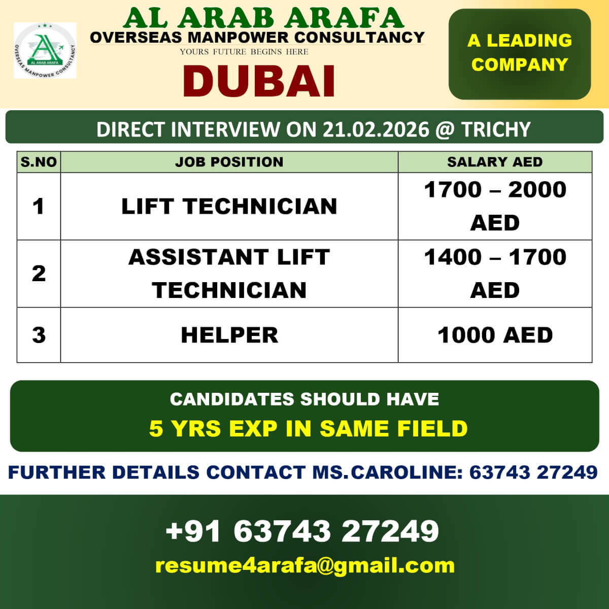 DIRECT INTERVIEW ON 21.02.2026@ TRICHY