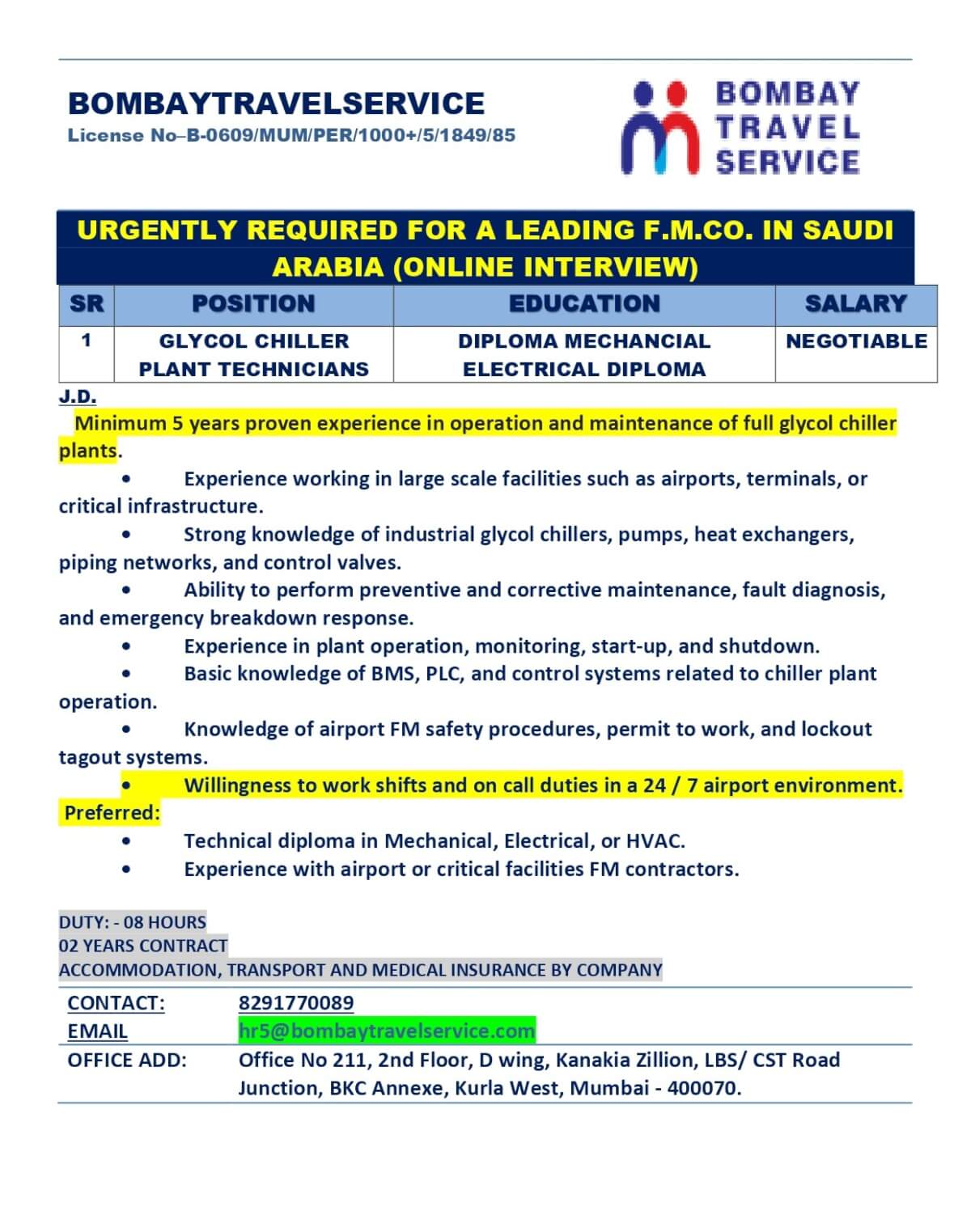 URGENTLY HIRING CHILLER PLANT TECHNICIAN