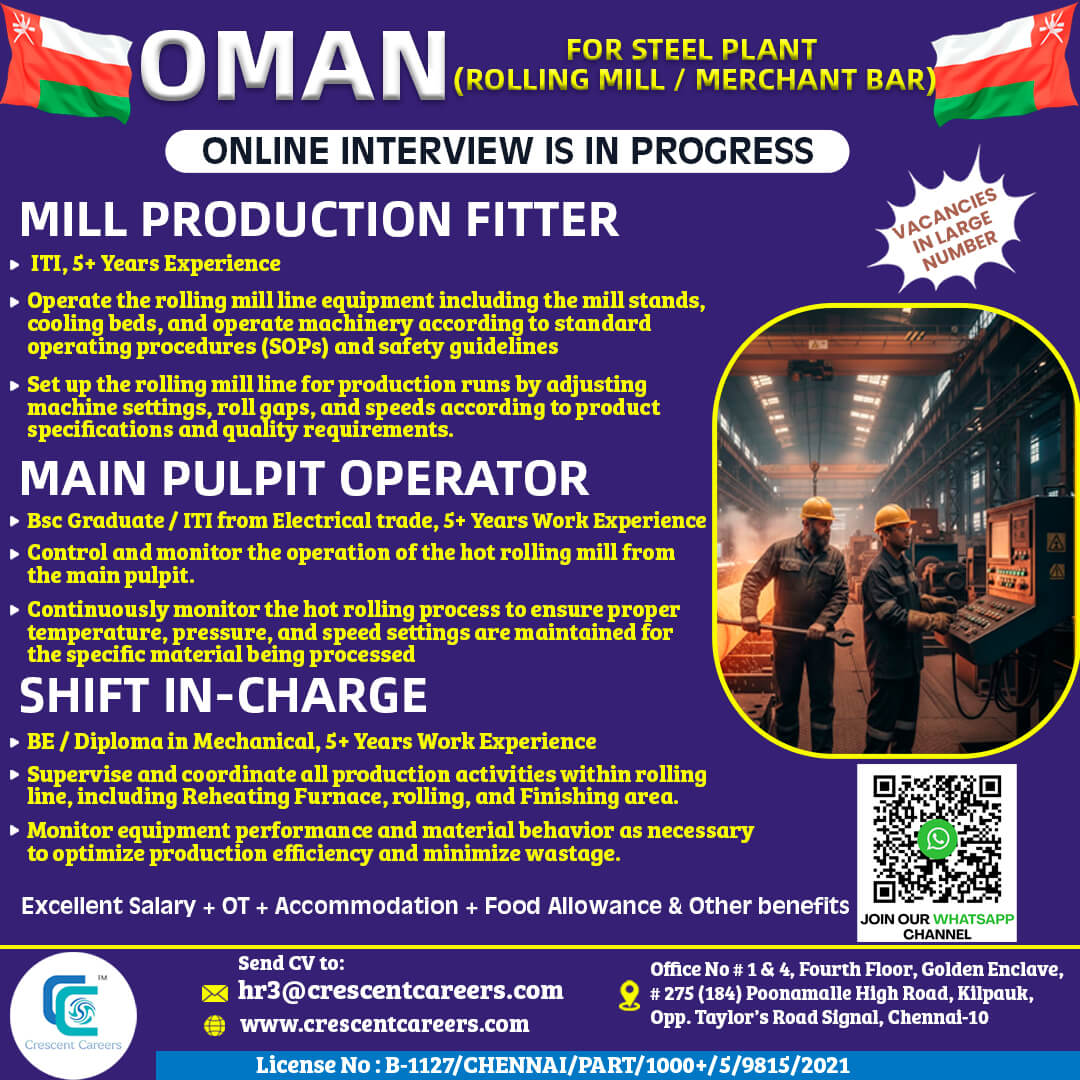 MILL PRODUCTION FITTER / MAIN PULPIT OPERATOR / SHIFT IN-CHARGE