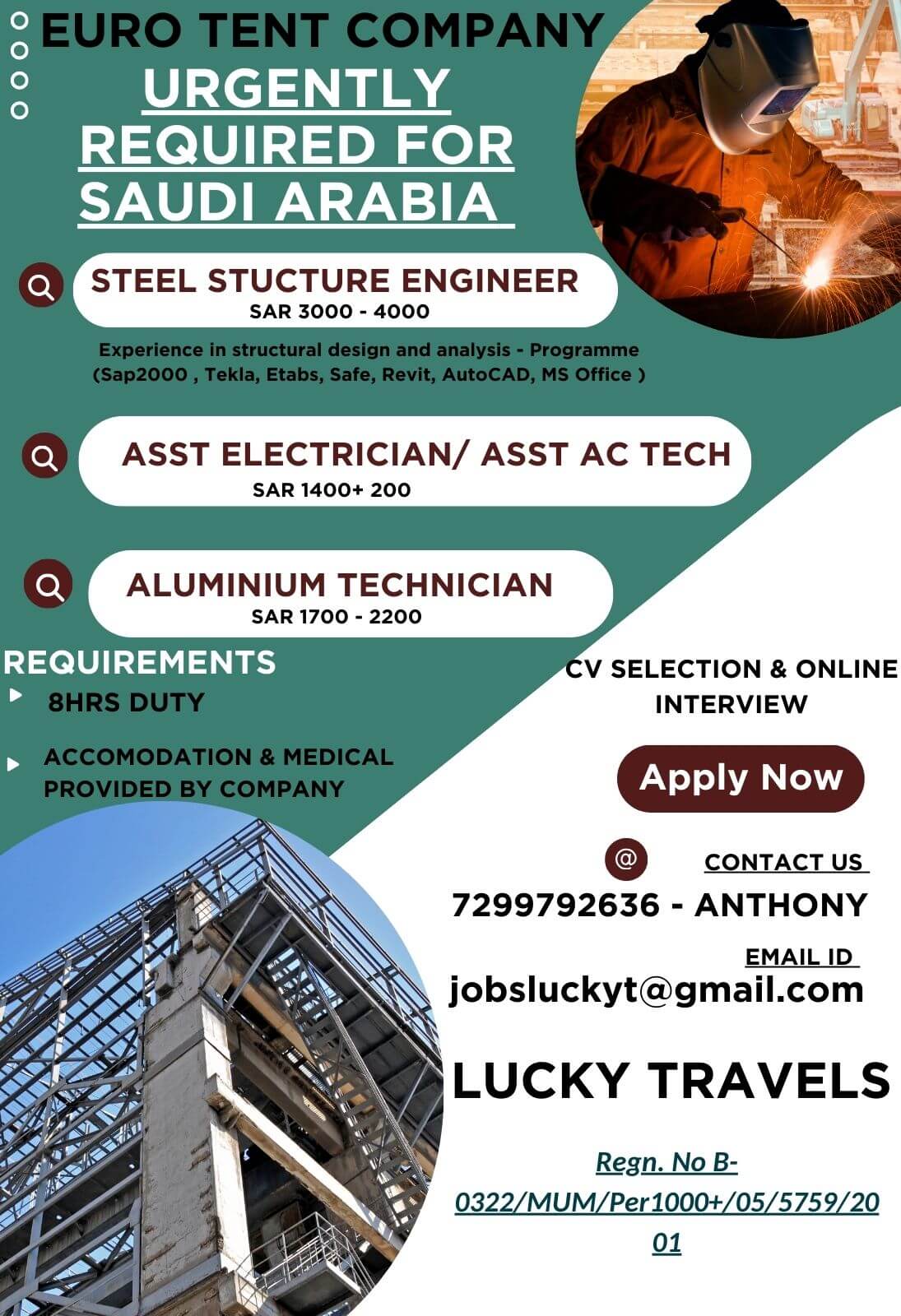 Urgently Hiring for Saudi European Tent Company / CV Selection & ONline Interview/ Contact on 7299792636