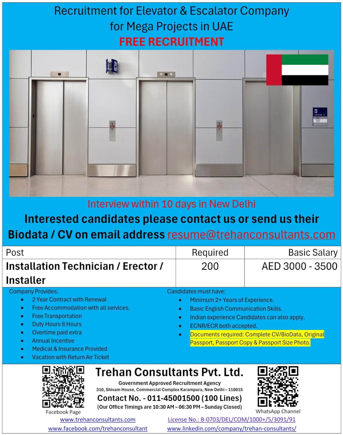 200 Installation Technician / Erector / Installer required for Elevator & Escalator Company for Mega Projects in UAE - Interview within 10 days in New Delhi 200 Installation Technician / Erector / Installer required for Elevator & Escalator Company for Mega Projects in UAE - Interview within 10 days in New Delhi