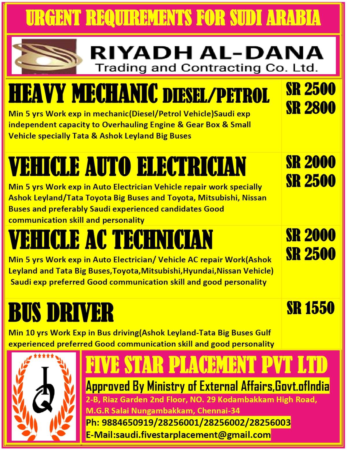URGENTLY REQUIRED FOR SAUDI ARABIA