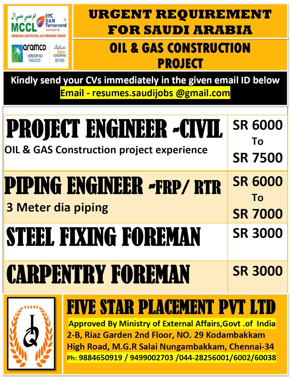 URGENTLY REQUIRED FOR SAUDI ARABIA