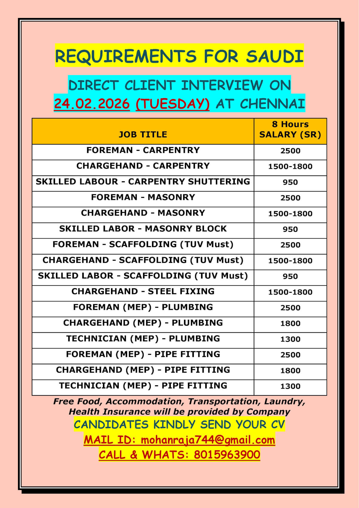 REQUIREMENTS FOR SAUDI  - DIRECT CLIENT INTERVIEW ON 24.02.2026 (TUESDAY) AT CHENNAI