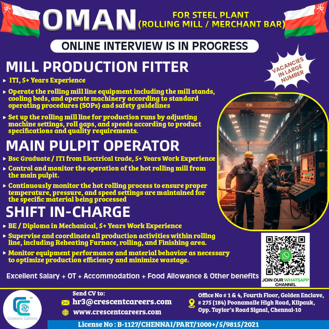 MILL PRODUCTION FITTER / MAIN PULPIT OPERATOR / SHIFT IN-CHARGE