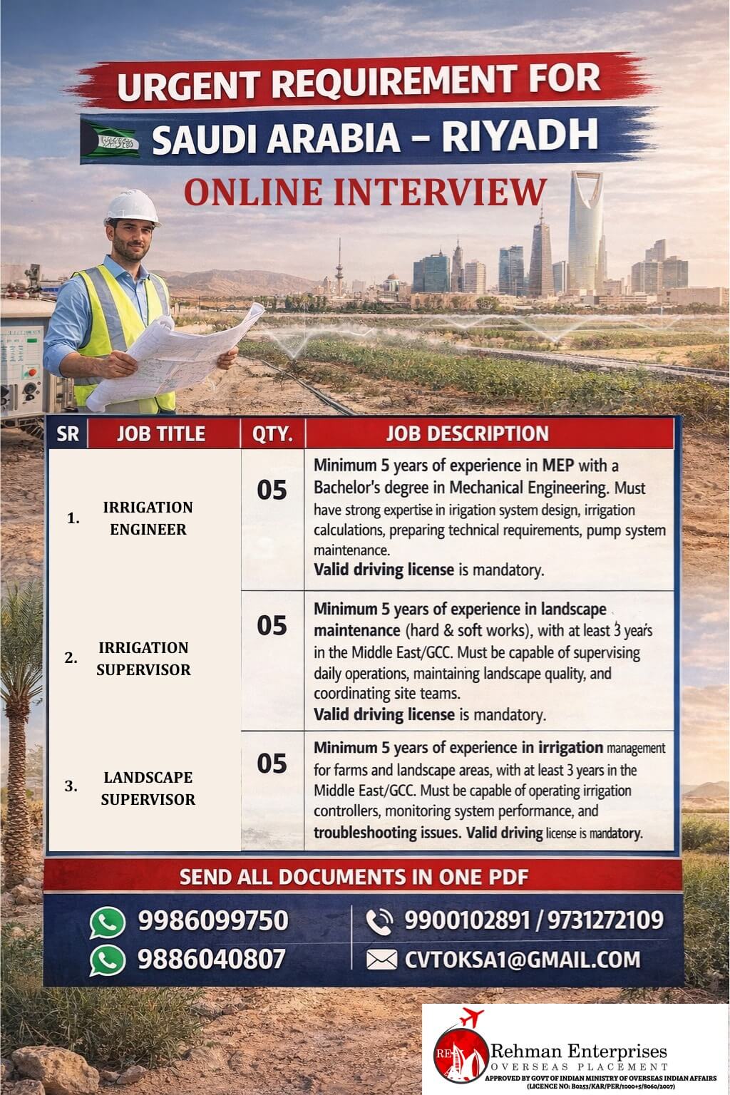 URGENT REQUIREMENT FOR SAUDI ARABIA