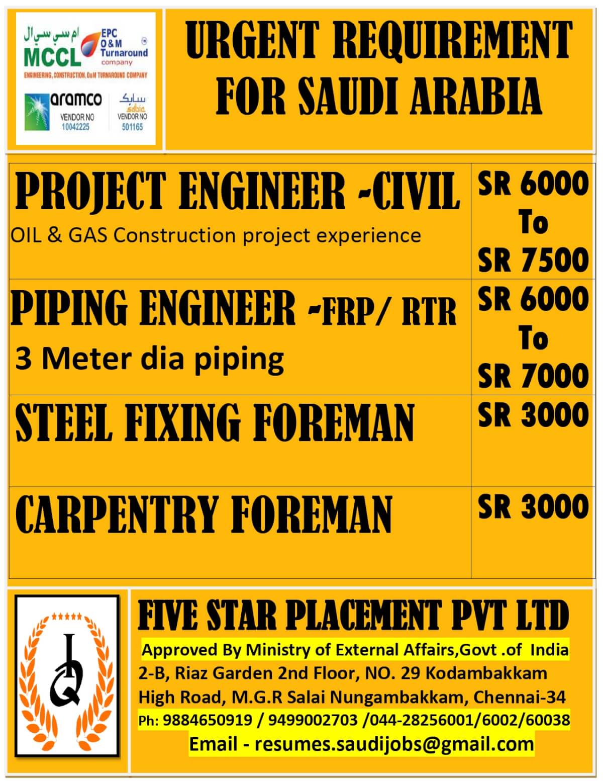URGENTLY REQUIRED FOR SAUDI ARABIA URGENTLY REQUIRED FOR SAUDI ARABIA