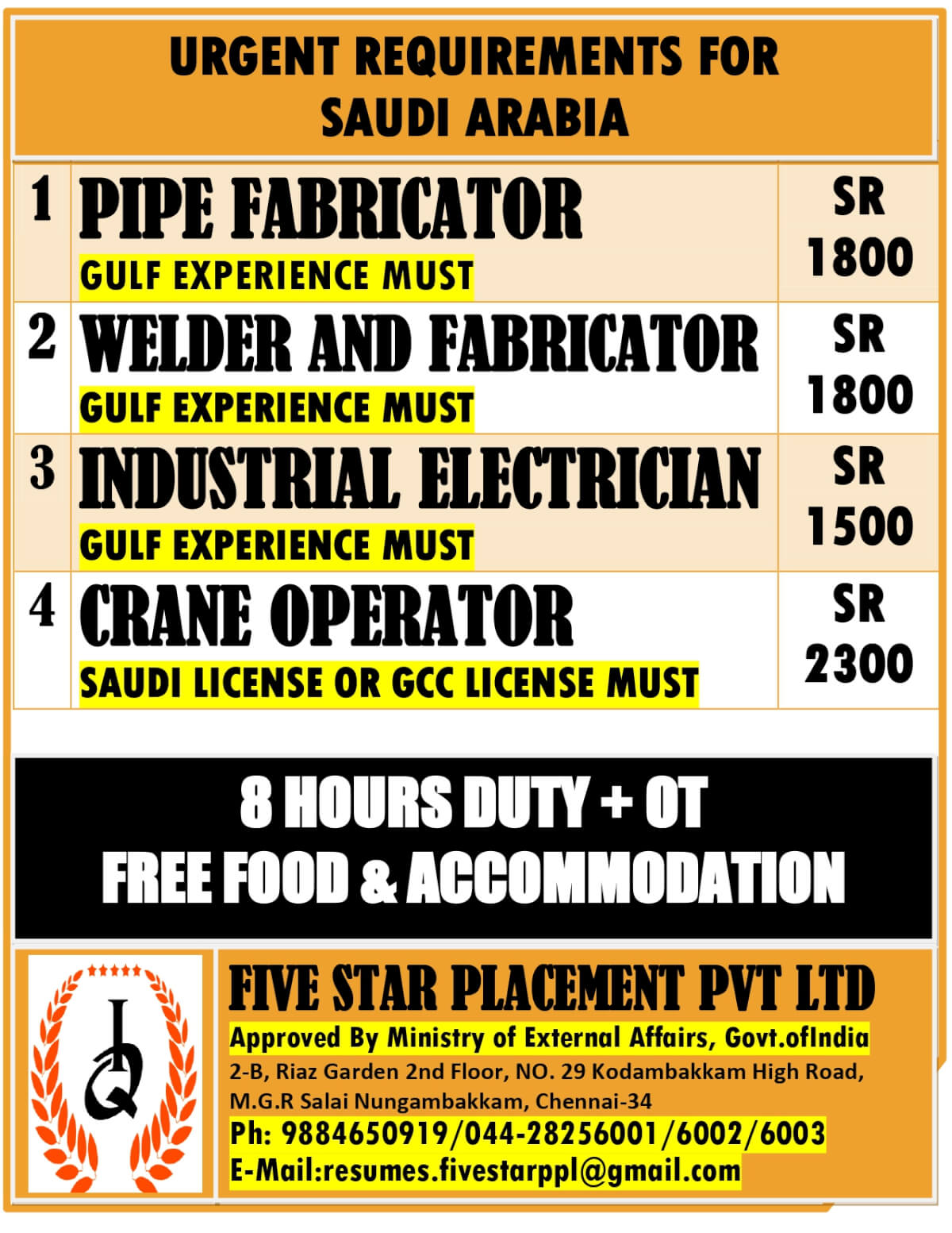 URGENTLY REQUIRED FOR SAUDI ARABIA