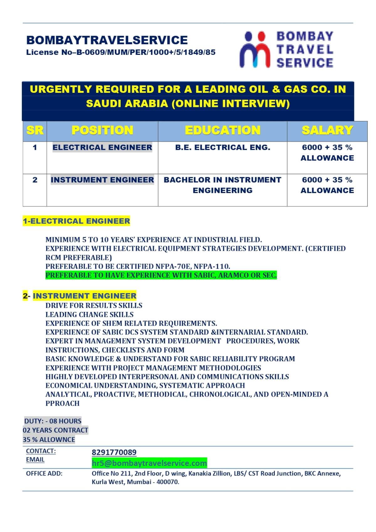URGENTLY HIIRNG ELECTRICAL & INSTURMENT ENGINEER FOR SAUDI ARABIA