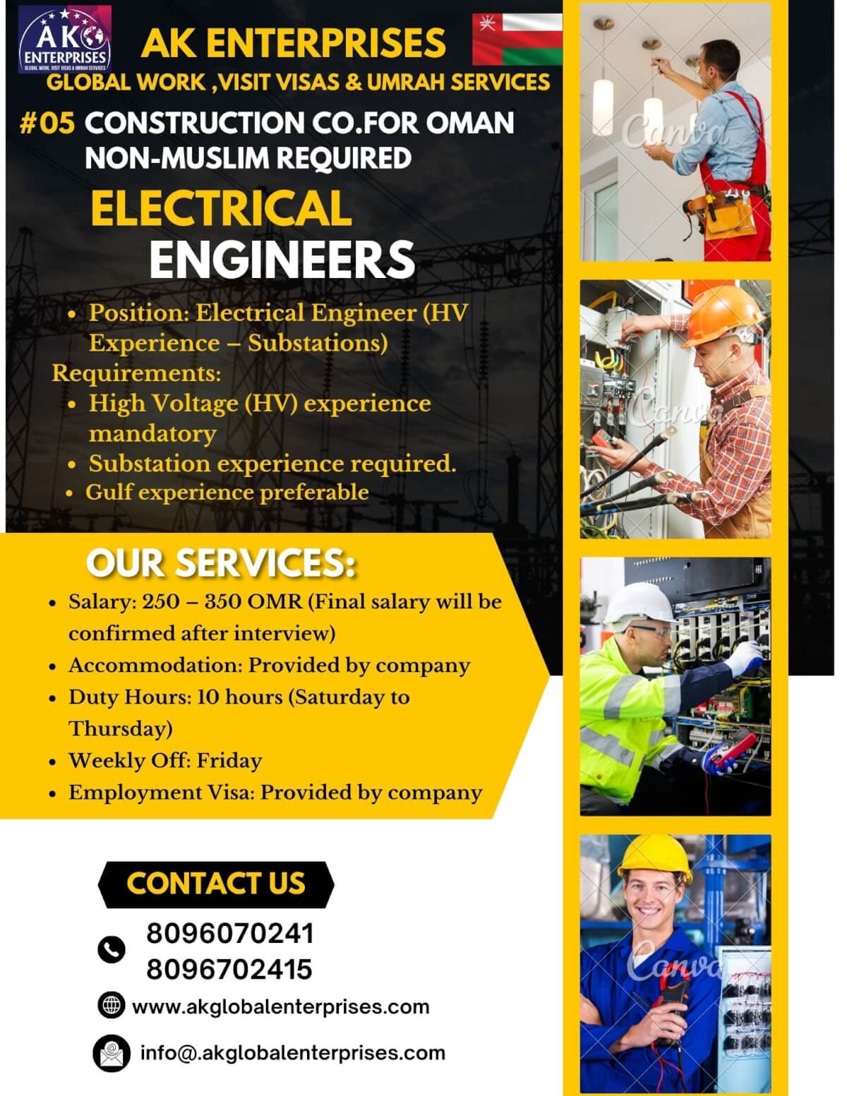 Job Opportunities for Construction co. – Oman-Electrical Engineers, Technicians Job Opportunities for Construction co. – Oman-Electrical Engineers, Technicians