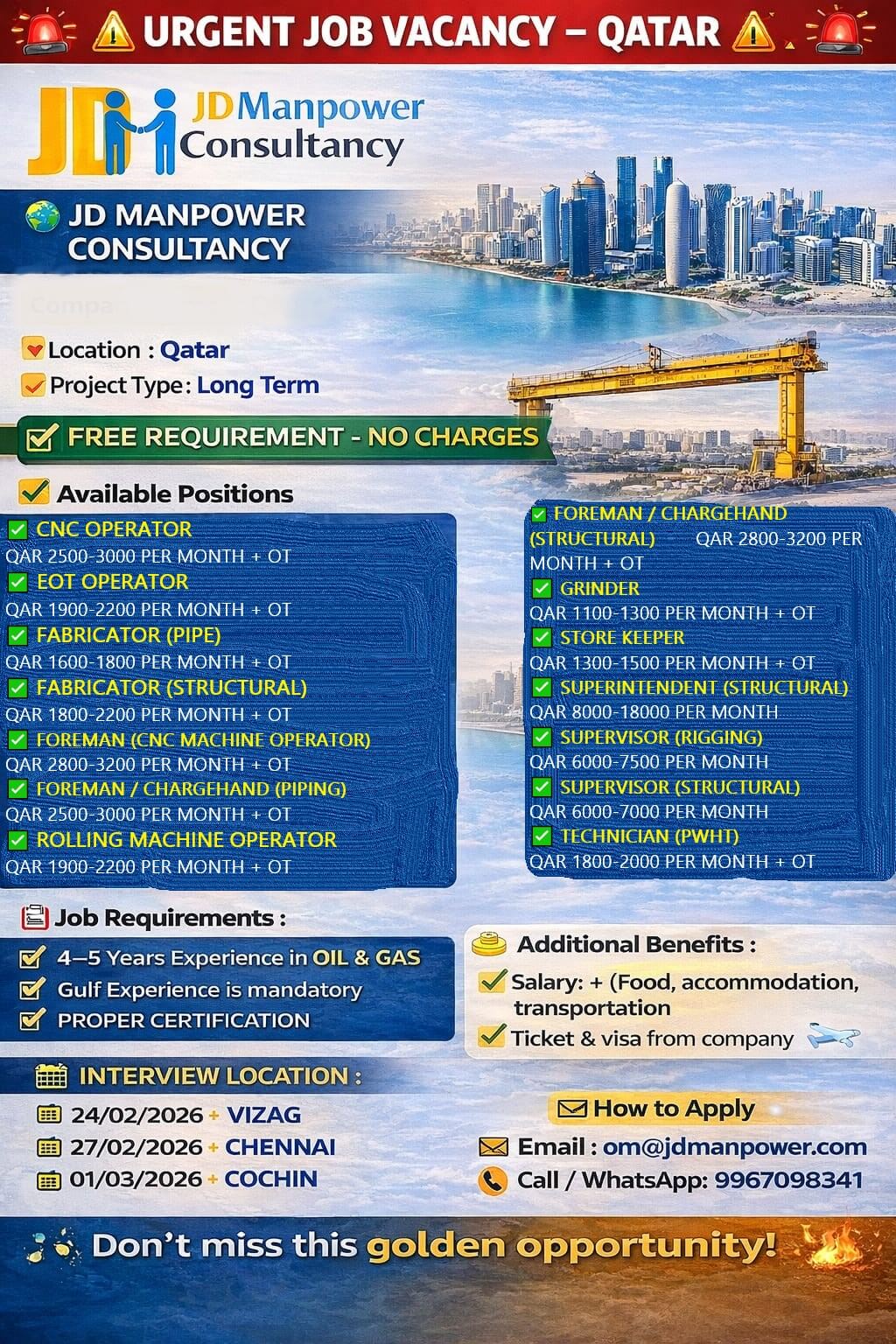 FREE JOB VACANCY – QATAR