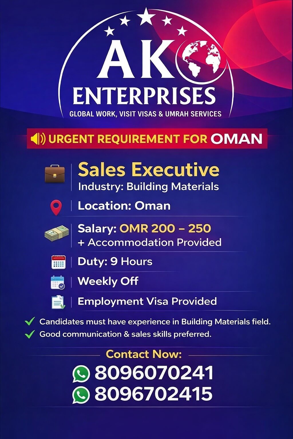 Sales executive for Oman Sales executive for Oman