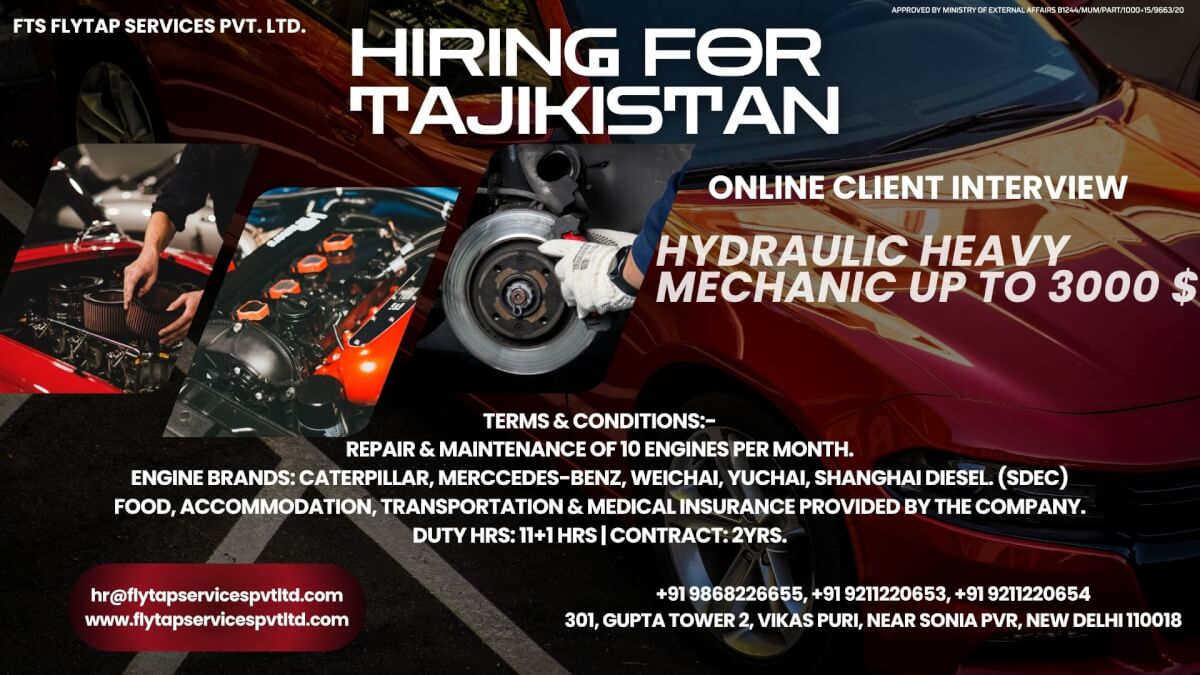 Urgent Hiring – Tajikistan Hydraulic Heavy Mechanic Urgent Hiring – Tajikistan Hydraulic Heavy Mechanic