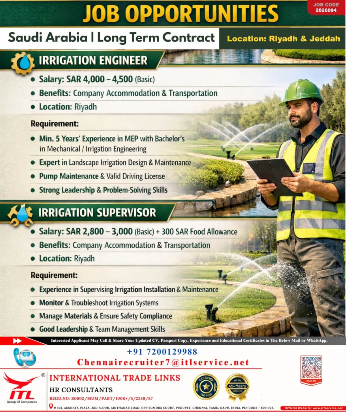 Job opening for IRRIGATION ENGINEER or ENGINEER Job opening for IRRIGATION ENGINEER or ENGINEER