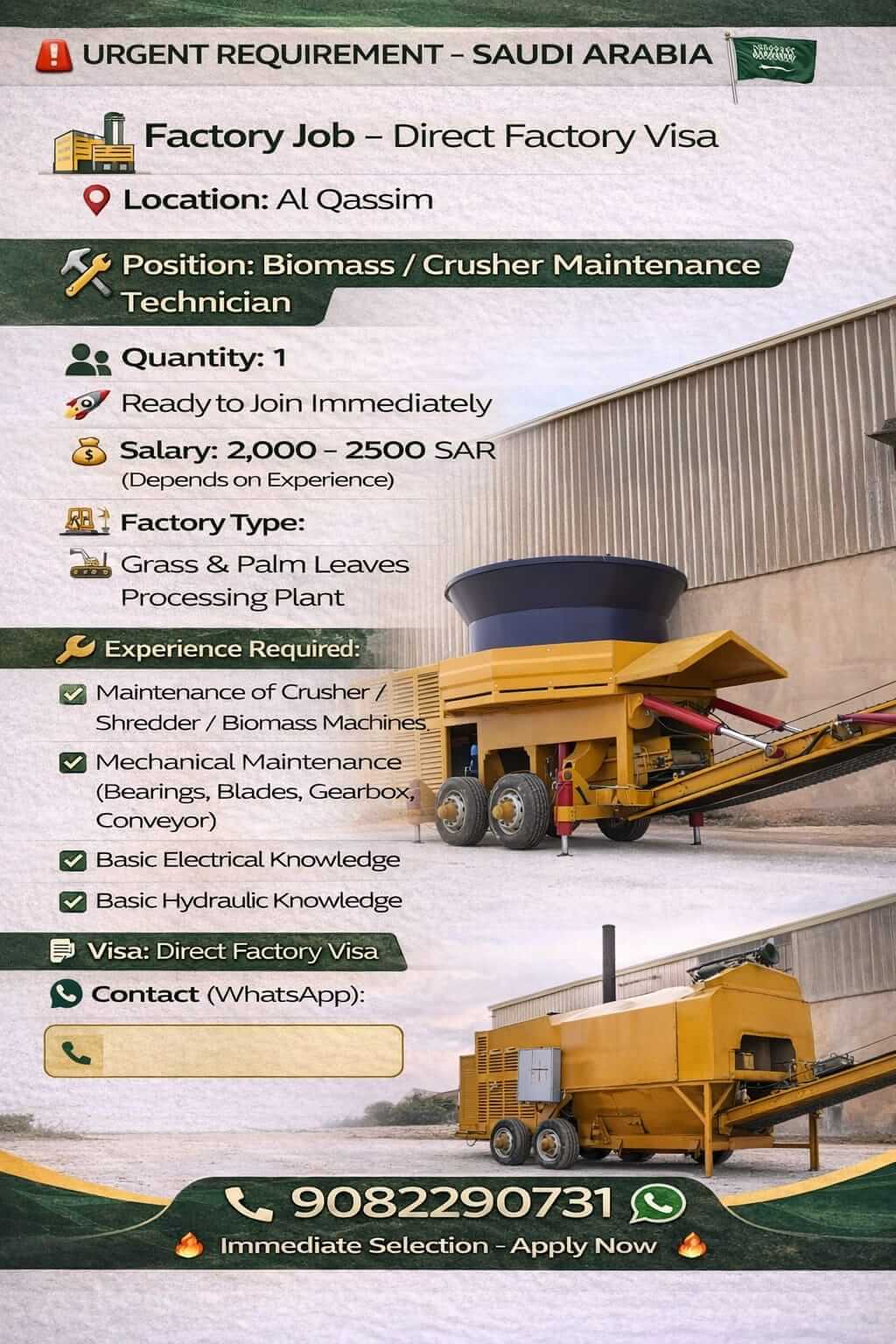 Urgent Requirement – Saudi Arabia Biomass / Crusher Maintenance Technician