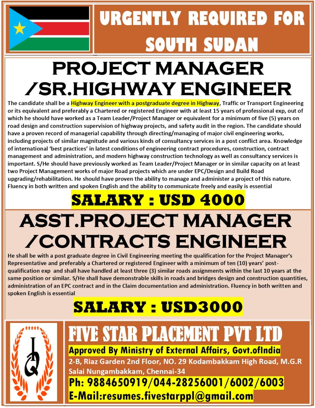 URGENT REQUIREMENT FOR SOUTH SUDAN