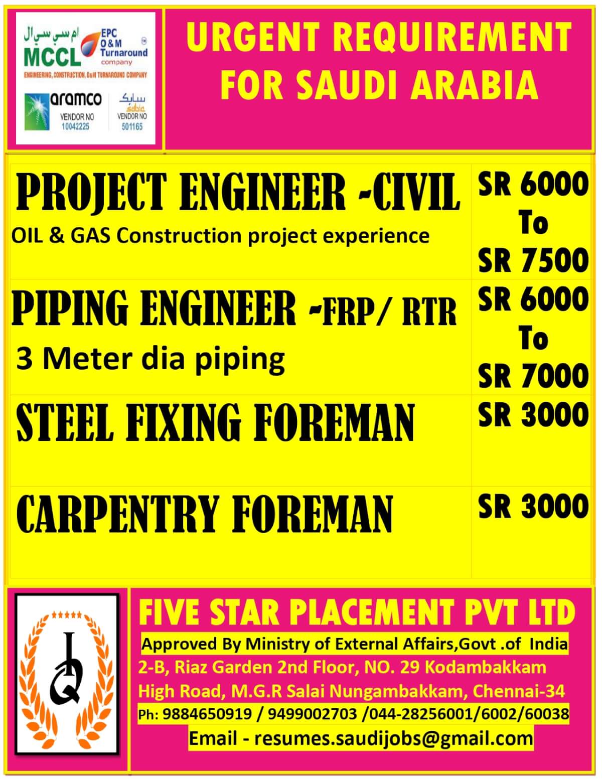 URGENTLY REQUIRED FOR SAUDI ARABIA URGENTLY REQUIRED FOR SAUDI ARABIA