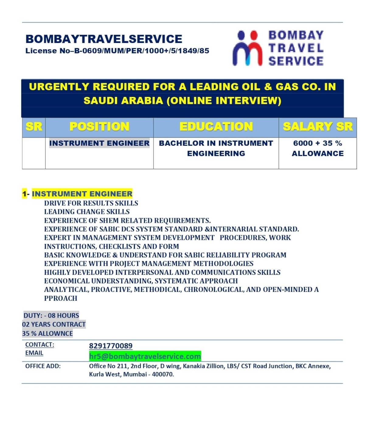 URGENTLY HIRING INSTRUMNET ENGINEER FOR SAUDI ARABAI URGENTLY HIRING INSTRUMNET ENGINEER FOR SAUDI ARABAI