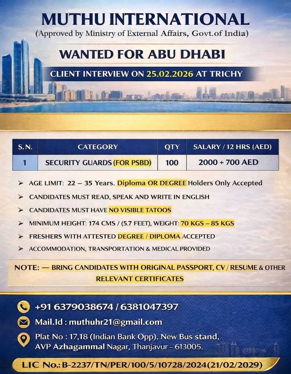 WANTED FOR ABUDHABI