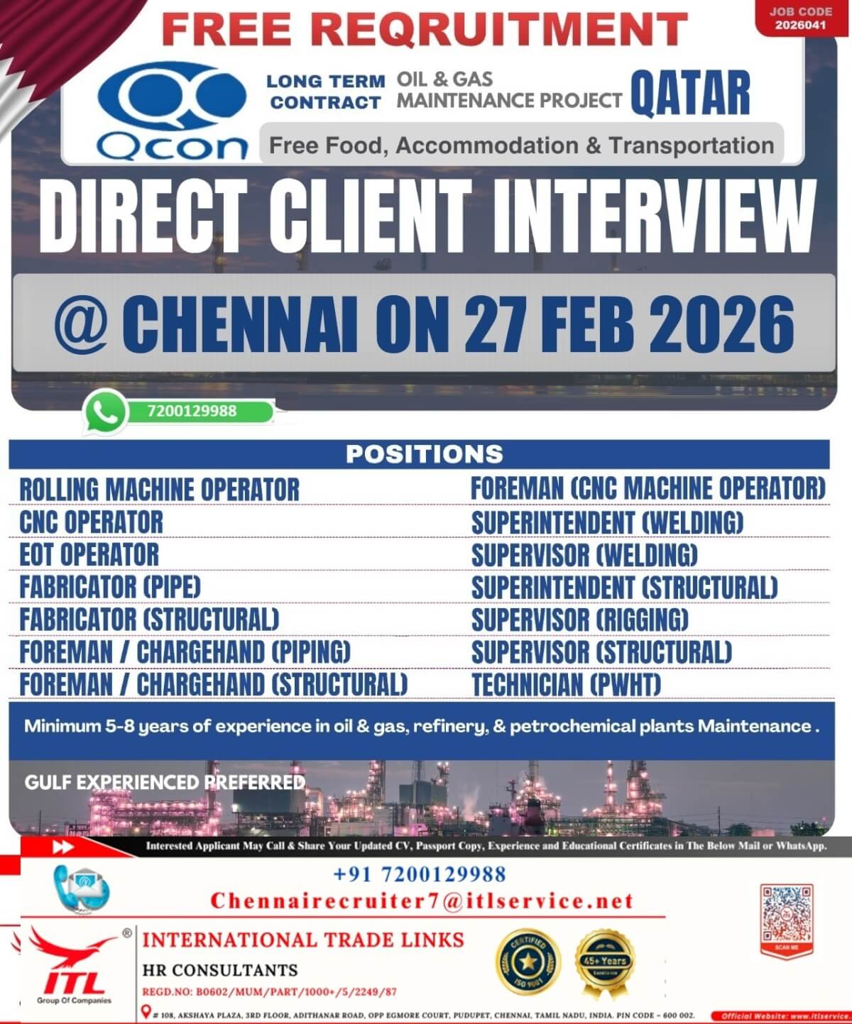 Direct interview at chennai for QCON QATAR  on 27-02-2026