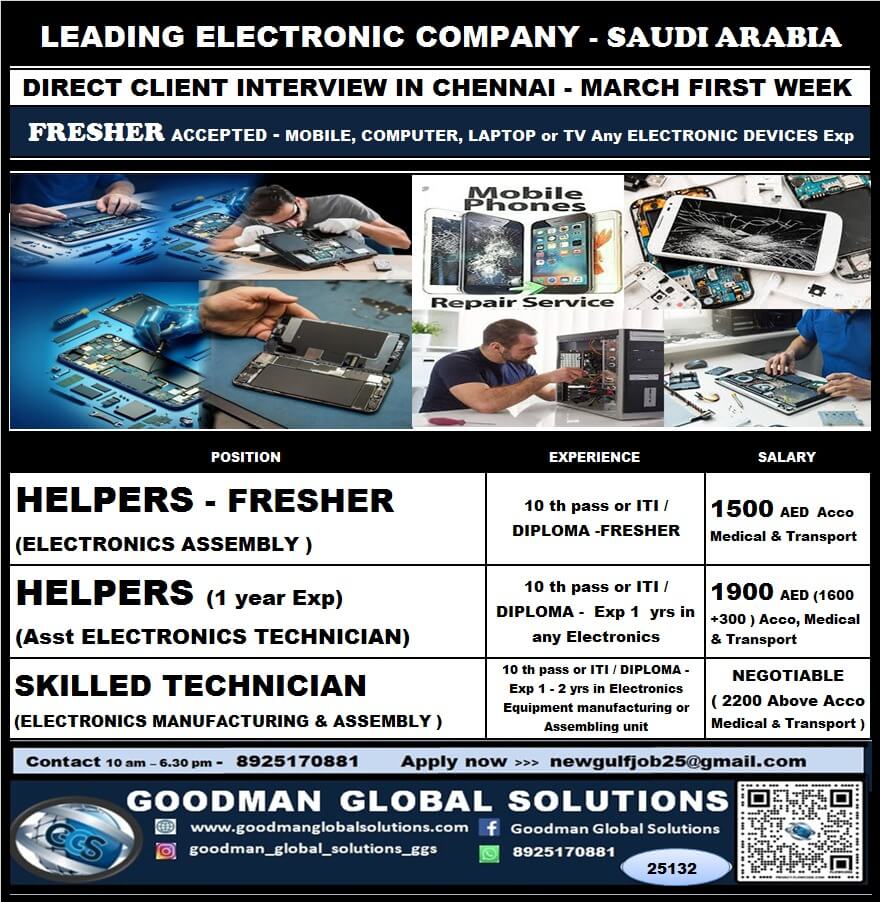 SAUDI ARABIA - LEADING ELECTRONIC COMPANY (LONG TERM)  DIRECT CLIENT  INTERVIEW IN CHENNAI @ MARCH FIRST WEEK