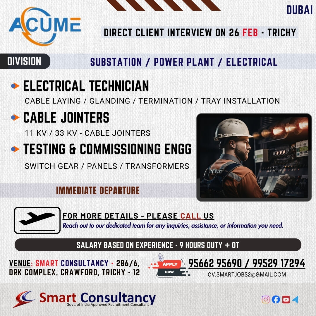 WANTED FOR A LEADING ELECTRICAL ENGINEERING COMPANY (DUBAI) DIRECT CLIENT INTERVIEW ON 26 FEB - TRICHY