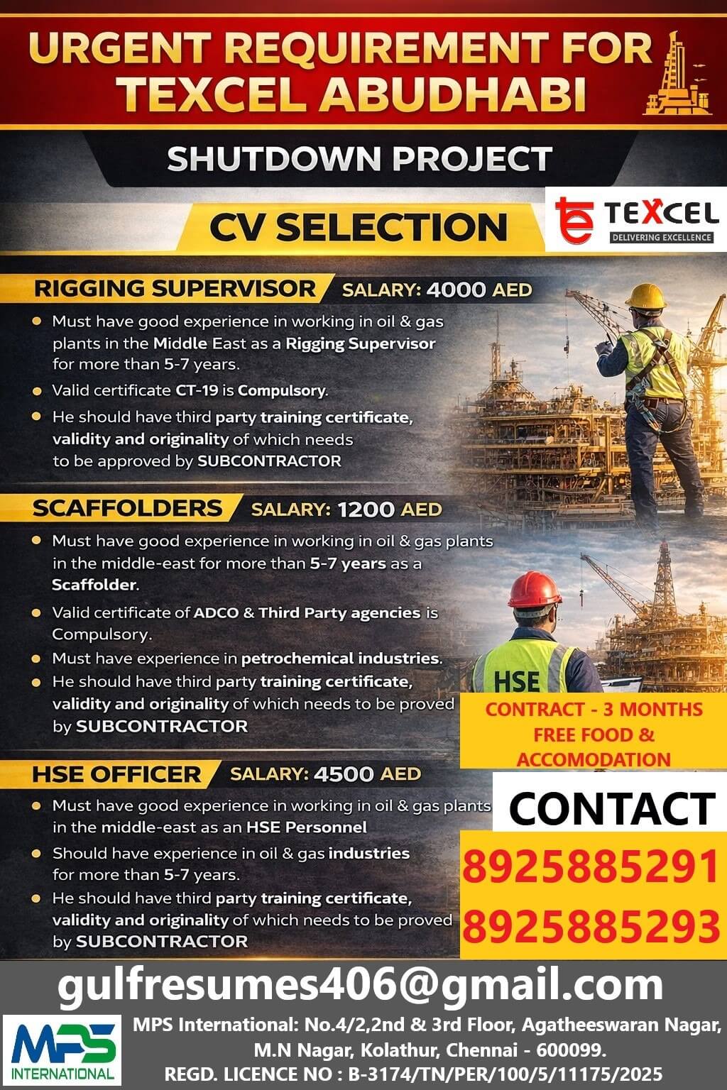 URGENT REQUIREMENT FOR TEXCEL ABUDHABI SHUTDOWN PROJECT CV SELECTION