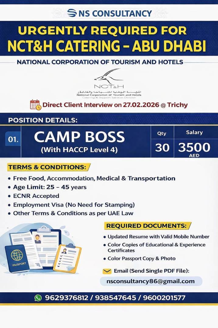 Urgent requirement for NCT&H Catering ABU Dhabi