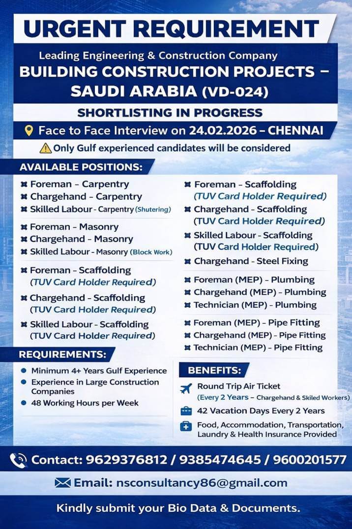 Leading engineering and construction company requirement for Saudi Arabia Leading engineering and construction company requirement for Saudi Arabia