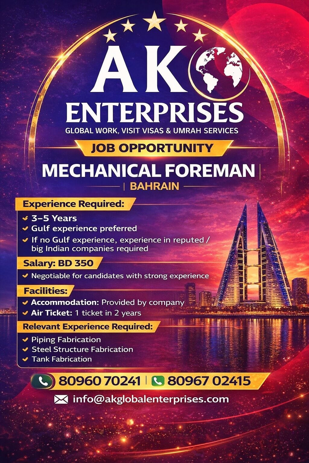 Job Opportunity – Mechanical Foreman | Bahrain Job Opportunity – Mechanical Foreman | Bahrain