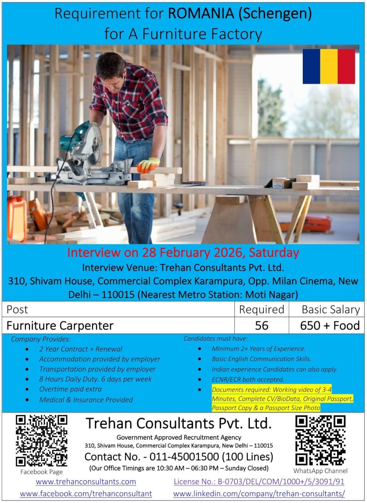 Furniture Carpenters required for ROMANIA (Schengen) for A Furniture Factory - Interview Date 28 February 2026