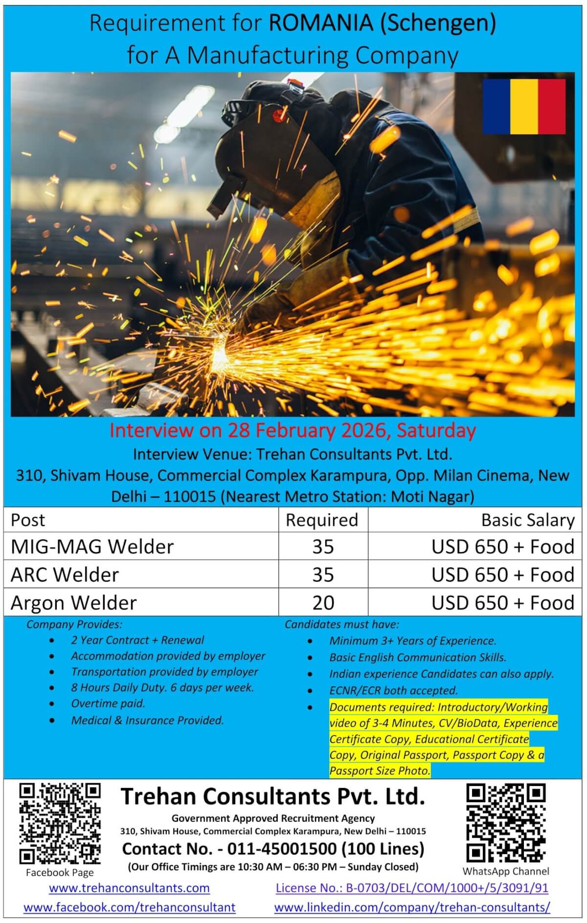 Welders required for ROMANIA (Schengen) for A Manufacturing Company - Interview Date 28 February 2026
