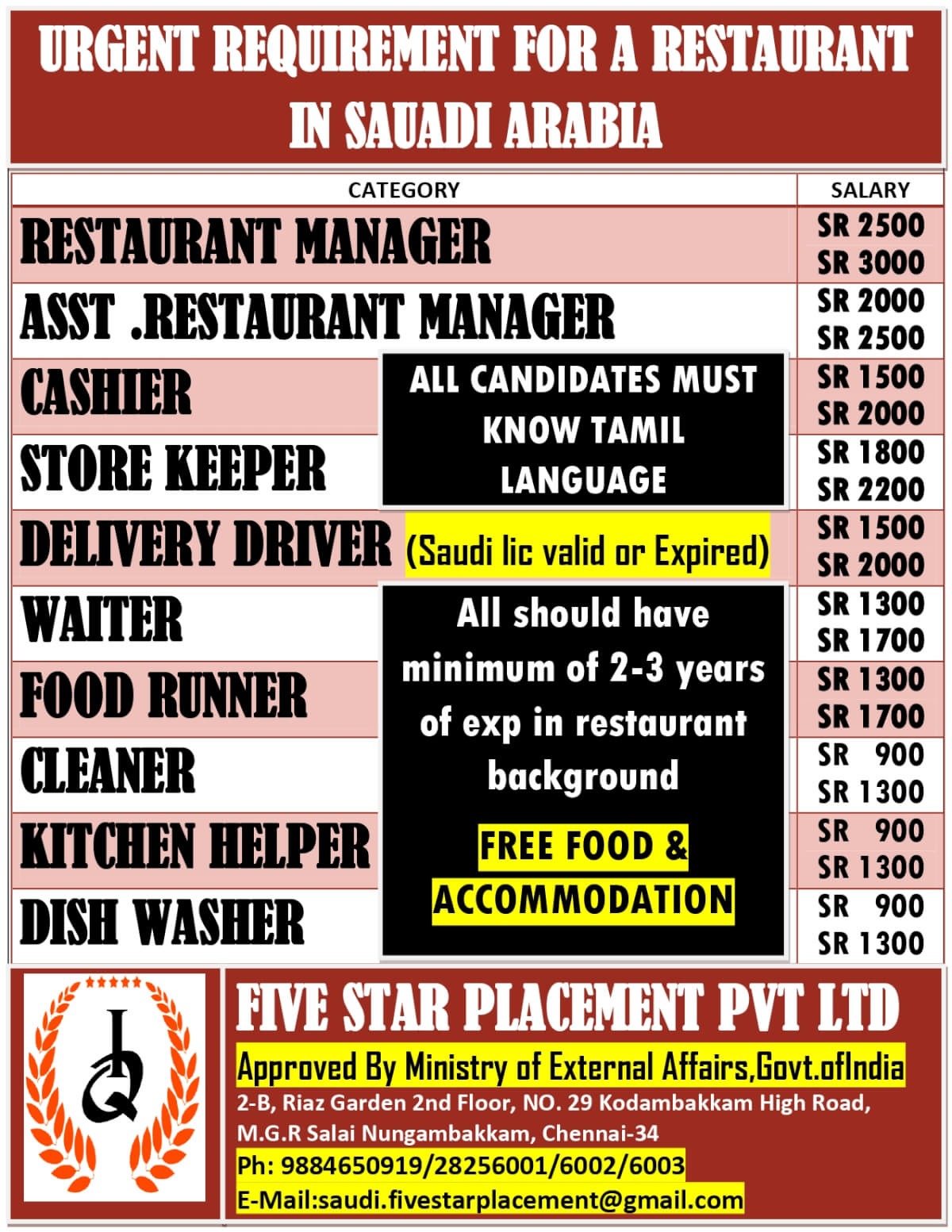 URGENT REQUIREMENT FOR A RESTAURANT IN SAUDI ARABIA URGENT REQUIREMENT FOR A RESTAURANT IN SAUDI ARABIA