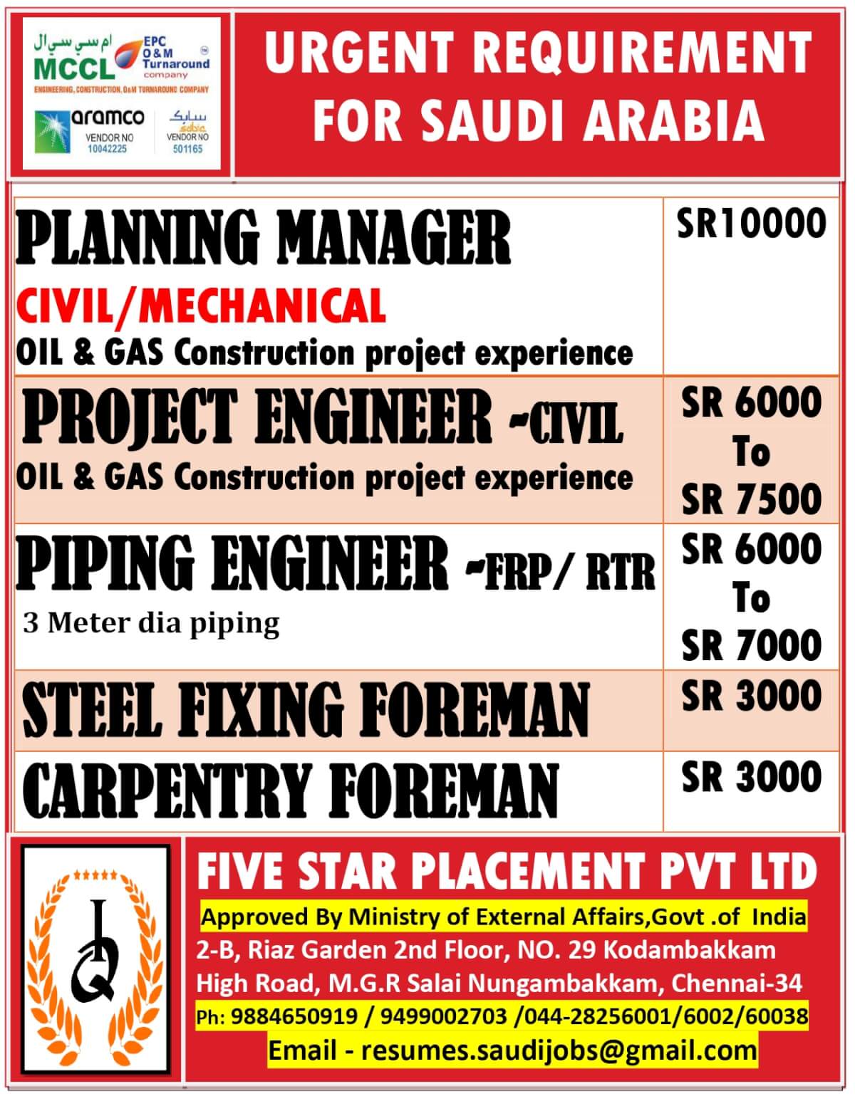 URGENT REQUIREMENT FOR SAUDI ARABIA