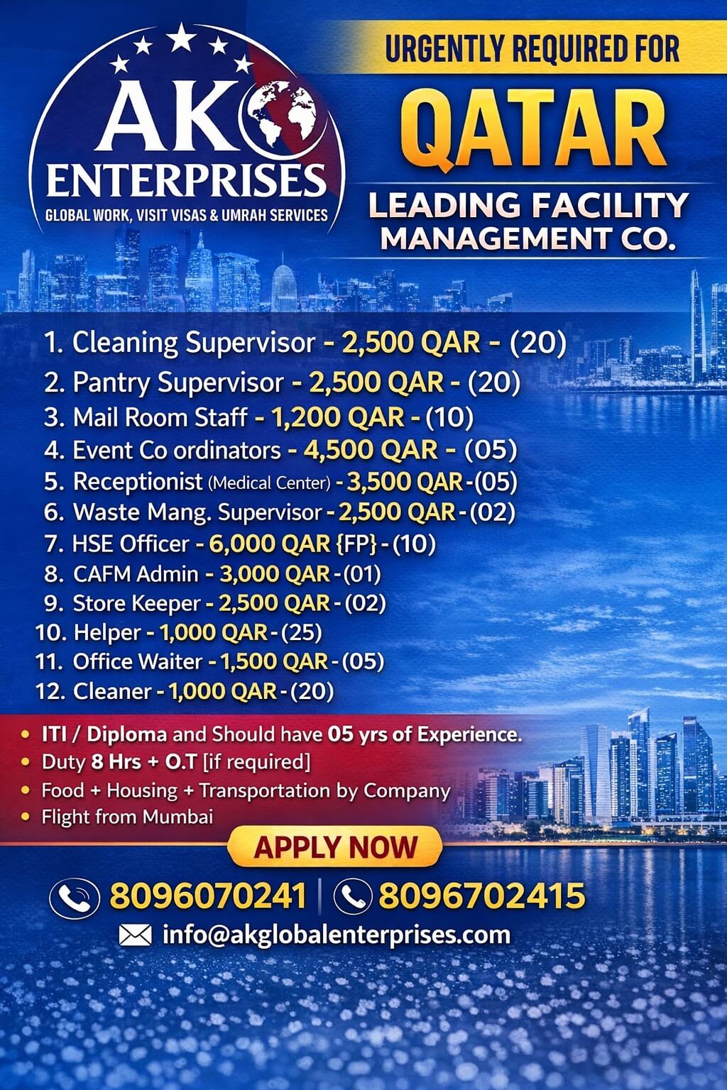 URGENTLY REQUIRED FOR QATAR LEADING FACILITY MANAGEMENT CO.