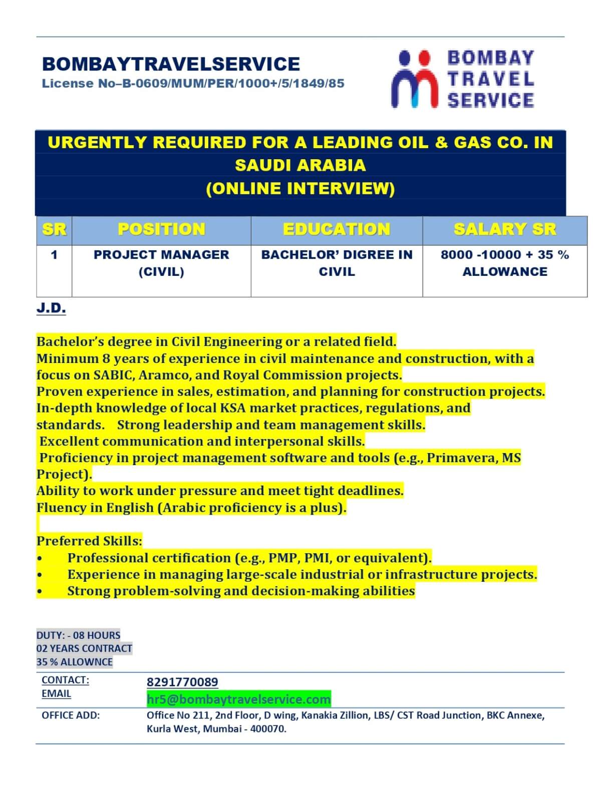 URGENTLY HIRING PROJECT MANAGER CIVIL FOR SAUDI ARABIA