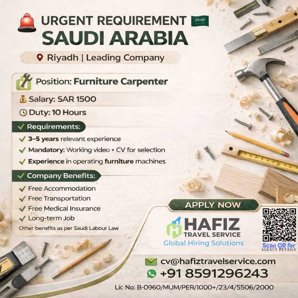 URGENT REQUIREMENT FURNITURE CARPENTOR – SAUDI ARABIA