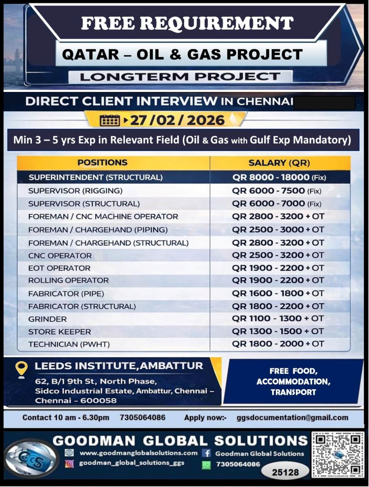 FREE REQUIREMENT - QATAR - LONG TERM - OIL & GAS PROJECT  DIRECT CLIENT INTERVIEW IN CHENNAI @ 27-02-2026