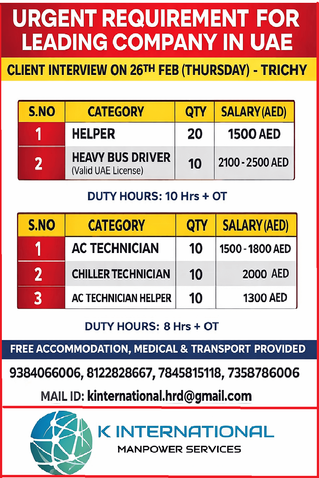 URGENT REQUIREMENT FOR LEADING COMPANY IN UAE