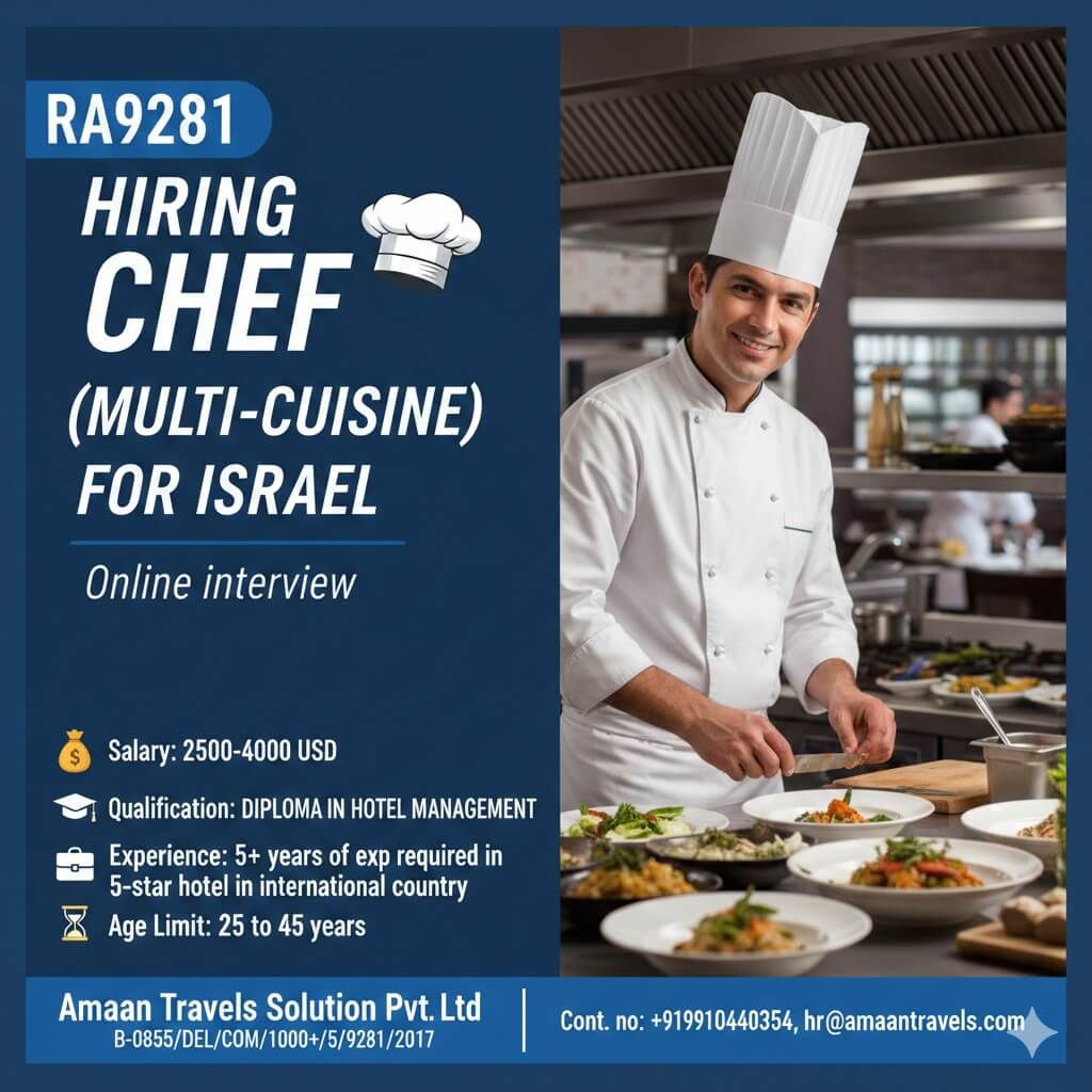 Hiring for Chef(Multi-Cuisine) in Israel Hiring for Chef(Multi-Cuisine) in Israel