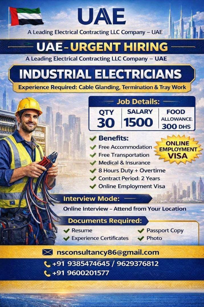 LEADING INDUSTRIAL ELECTRICIAN COMPANY REQUIREMENT FOR UAE