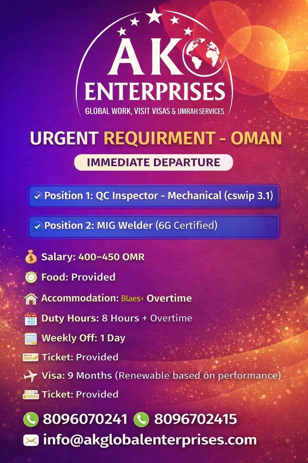 Urgent Requirement – Oman Urgent Requirement – Oman