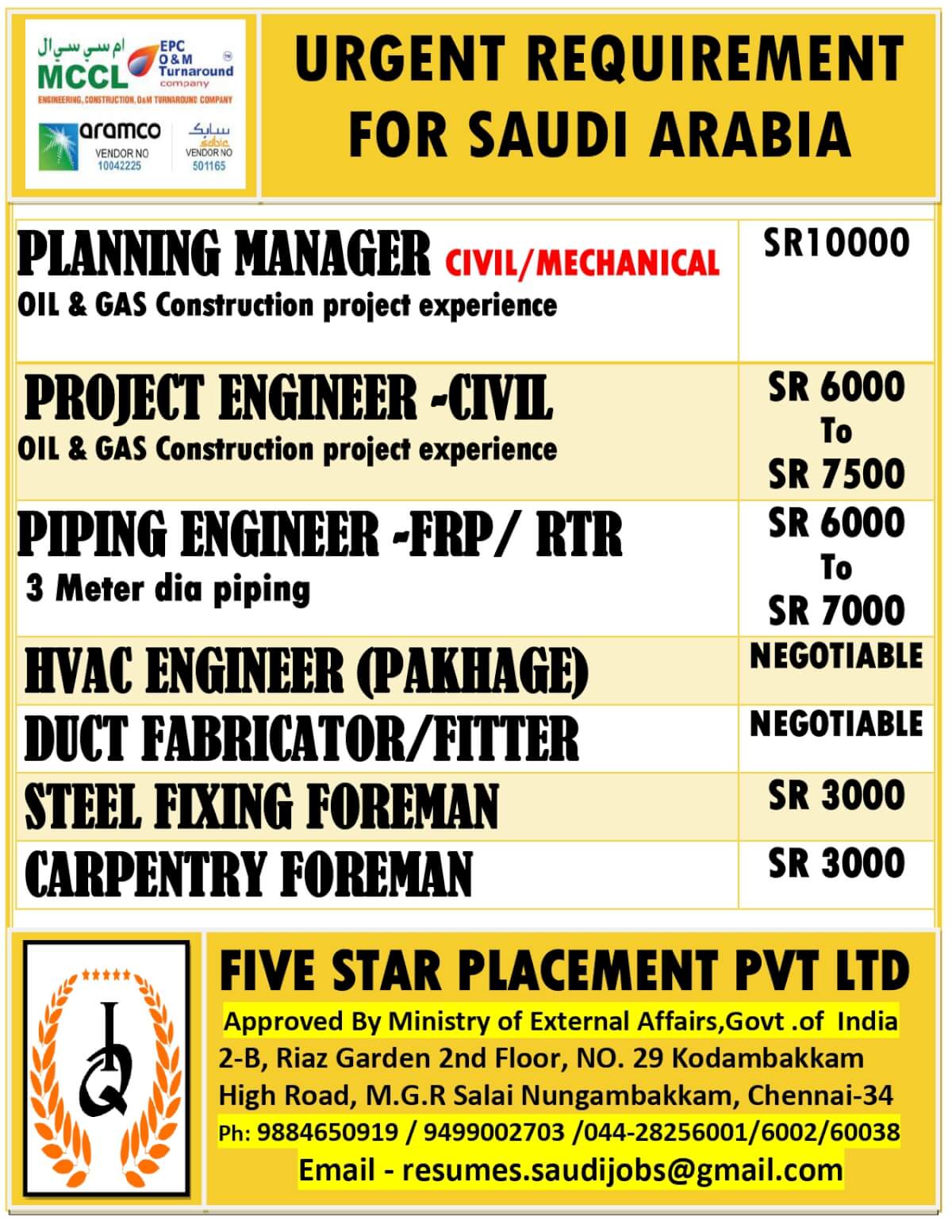 URGENT REQUIREMENT FOR SAUDI ARABIA URGENT REQUIREMENT FOR SAUDI ARABIA