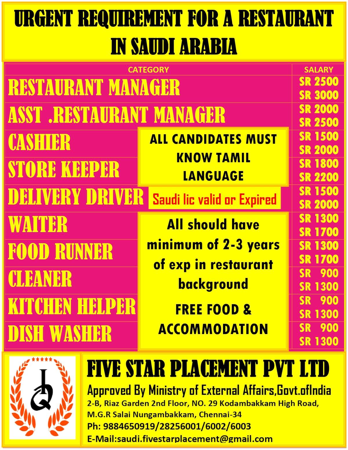 URGENT REQUIREMENT FOR SAUDI ARABIA