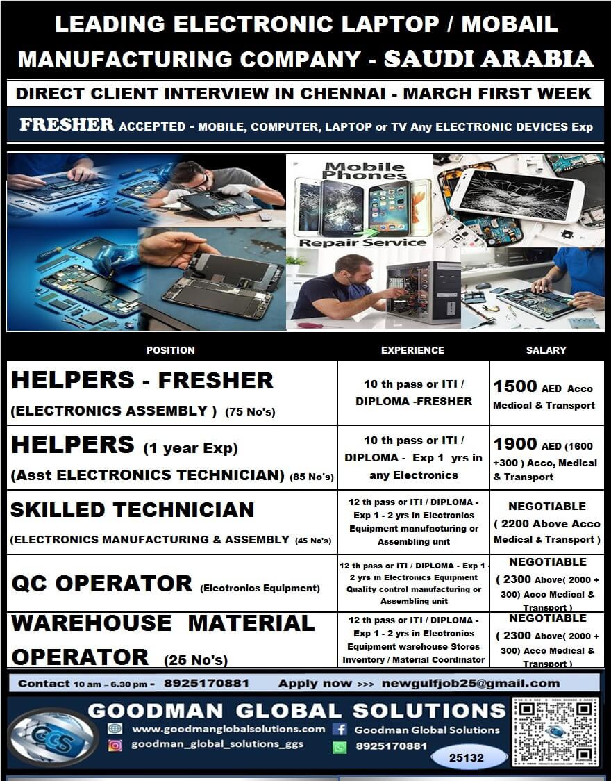 SAUDI ARABIA - LEADING ELECTRONIC COMPANY (LONG TERM)  DIRECT CLIENT  INTERVIEW IN CHENNAI @ MARCH FIRST WEEK